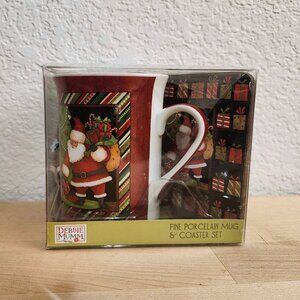 Debbie Mumm Fine Porcelain Cup Mug & Coaster Santa Set Winter Christmas Holiday